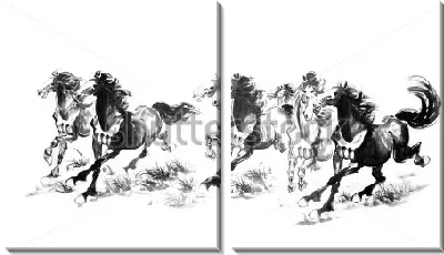 Бегущие кони - чёрно-белая иллюстрация в традиционной китайской технике росписи тушью