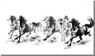 Бегущие кони - чёрно-белая иллюстрация в традиционной китайской технике росписи тушью