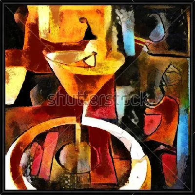 Золотой коктейль на круглом барном столе - композиция в кубистском стиле Пабло Пикассо
