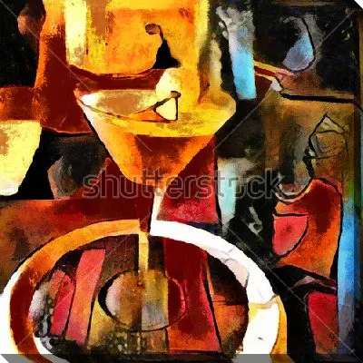 Золотой коктейль на круглом барном столе - композиция в кубистском стиле Пабло Пикассо