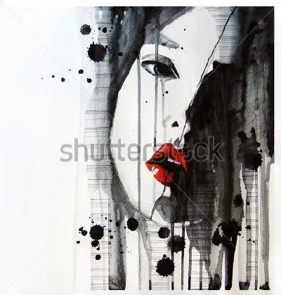 Плакат Портрет девушки с яркими красными губами и чёрными акварельными пятнами и потёками