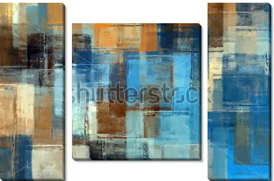 Модульная картина Геометрическая композиция из квадратов и прямоугольников в спокойных оттенках синего, голубого и коричневого цвета