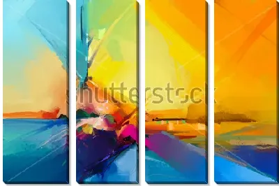 Модульная картина Парусник в море на фоне оранжевого заката - яркая контрастная композиция в оттенках синего, оранжевого и пурпурного цвета