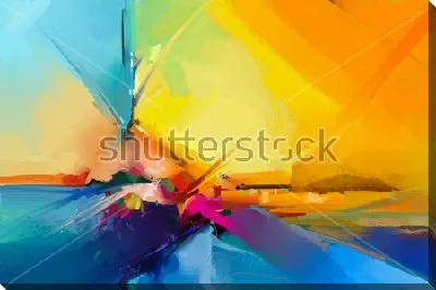 Парусник в море на фоне оранжевого заката - яркая контрастная композиция в оттенках синего, оранжевого и пурпурного цвета