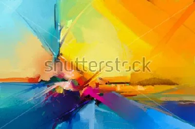 Парусник в море на фоне оранжевого заката - яркая контрастная композиция в оттенках синего, оранжевого и пурпурного цвета