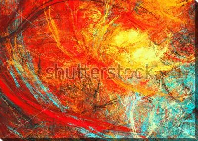 Картина маслом Яркий огненный свет над водой - динамичная композиция в оттенках красного и оранжевого цвета с вкраплениями голубого