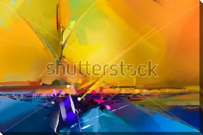 Картина маслом Яркая контрастная композиция в оттенках синего и оранжевого цвета - огненный закат над синим морем