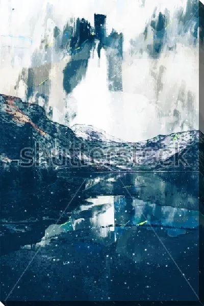 Картина маслом Холодный зимний пейзаж с горами, отражёнными в озере, и рваными облаками