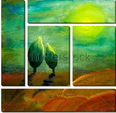 Модульная картина Фантастический пейзаж с зелёным солнцем и небом  над деревцами в форме листьев