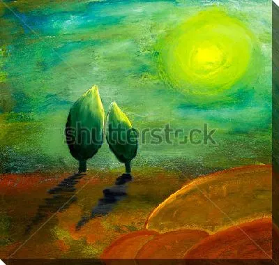 Картина маслом Фантастический пейзаж с зелёным солнцем и небом  над деревцами в форме листьев