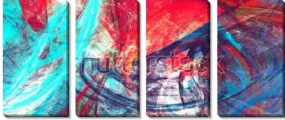 Модульная картина Футуристическая феерия - динамичная композиция в оттенках синего, голубого и красного цвета с иллюзией движения фракталов