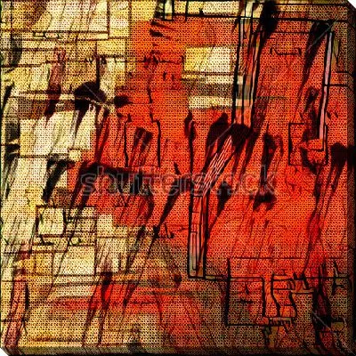 Картина маслом Чёрные языки алого пламени - динамичная композиция в оттенках красного, желтого и зелёного цвета с чёрными пятнами