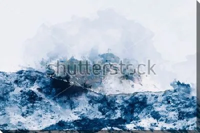 Картина маслом Монохромная композиция в оттенках синего цвета на светлом фоне - горные хребты в тумане