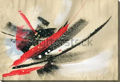 Картина маслом Красные и чёрные перья на бежевом фоне - яркая динамичная композиция 