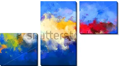 Модульная картина Разноцветные облака в синем небе - яркая композиция с разноцветными цветовыми акцентами на синем фоне