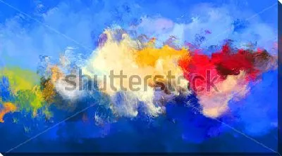 Картина маслом Разноцветные облака в синем небе - яркая композиция с разноцветными цветовыми акцентами на синем фоне