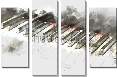 Модульная картина Фортепианная клавиатура на фоне акварельных пятен