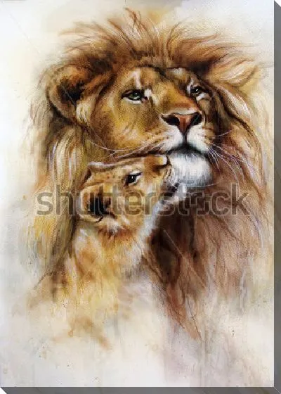 Картина маслом Выразительный портрет царственного льва со львёнком