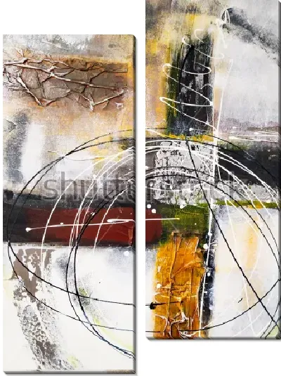 Модульная картина Яркая динамичная композиция с круговыми тонкими линиями, геометрическими элементами и яркими цветовыми пятнами