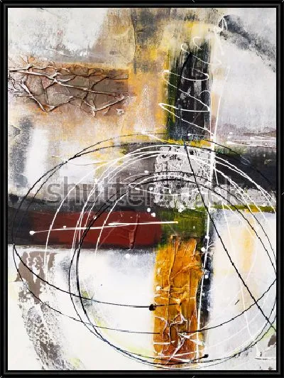 Картина Яркая динамичная композиция с круговыми тонкими линиями, геометрическими элементами и яркими цветовыми пятнами