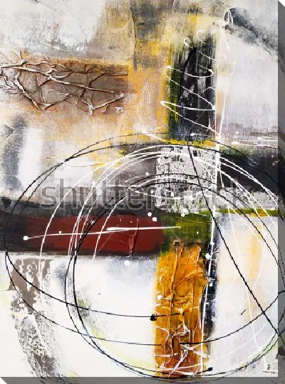 Картина маслом Яркая динамичная композиция с круговыми тонкими линиями, геометрическими элементами и яркими цветовыми пятнами