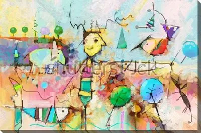 Картина маслом Дети в зоопарке - яркая абстрактная композиция с различными геометрическими элементами и животными