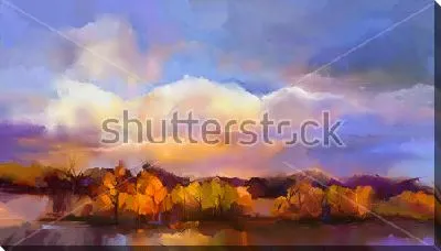 Картина маслом Яркий осенний пейзаж с фиолетовым небом и оранжевым лесом
