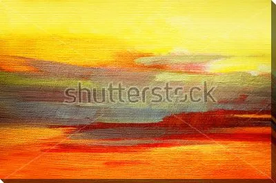 Картина маслом Яркий красно-оранжевый закат - красочная композиция в оттенках красного, оранжевого, жёлтого и голубого цвета