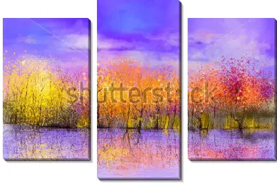 Модульная картина Красочный осенний пейзаж с жёлтыми и красными кустами на фиолетовом фоне неба и реки