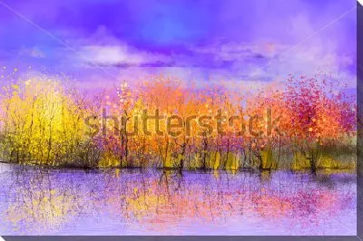 Картина маслом Красочный осенний пейзаж с жёлтыми и красными кустами на фиолетовом фоне неба и реки