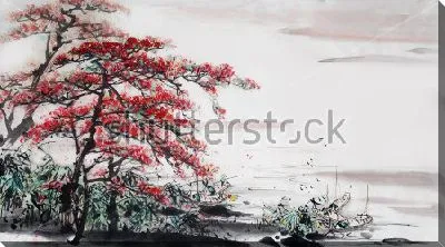 Картина маслом Красивый пейзаж с деревьями у туманного озера - в стиле традиционной китайской живописи