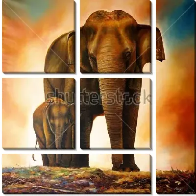 Модульная картина Слониха со слонёнком в лучах оранжевого заката