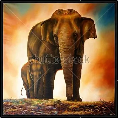 Картина Слониха со слонёнком в лучах оранжевого заката