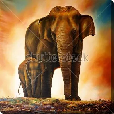 Постер Слониха со слонёнком в лучах оранжевого заката