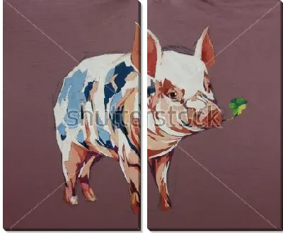 Модульная картина Забавный чумазый поросёнок с веточкой клевера во рту