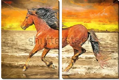 Модульная картина Рыжий конь, бегущий краем моря, на фоне золотого заката