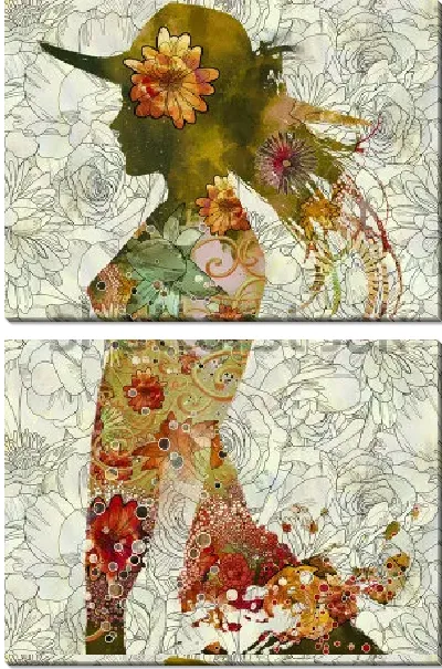 Модульная картина Двойная экспозиция силуэта девушки в шляпе с красивыми цветами на белом цветочном фоне