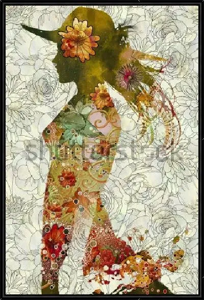 Картина Двойная экспозиция силуэта девушки в шляпе с красивыми цветами на белом цветочном фоне