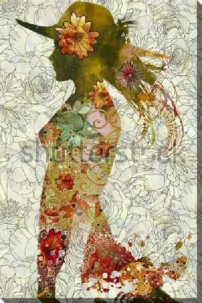 Постер Двойная экспозиция силуэта девушки в шляпе с красивыми цветами на белом цветочном фоне