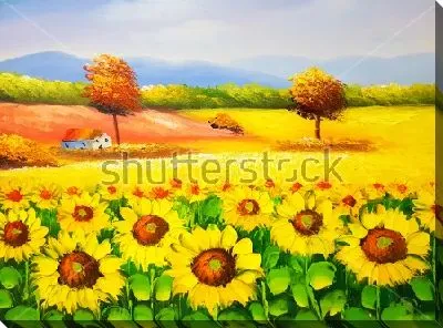 Картина маслом Яркий пейзаж с солнечными подсолнухами, жёлтым полем и оранжевыми деревьями