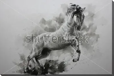 Картина маслом Монохромная иллюстрация красивого коня в момент прыжка с акварельными брызгами и пятнами