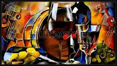 Картина Яркий натюрморт с бокалами вина в кубистском стиле Пабло Пикассо