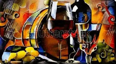 Яркий натюрморт с бокалами вина в кубистском стиле Пабло Пикассо