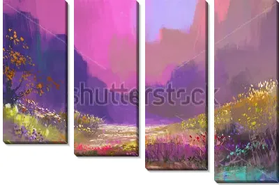 Модульная картина Яркий красивый пейзаж в горах с разноцветными цветами в лучах утреннего солнца