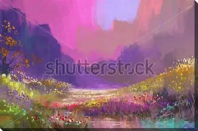 Картина маслом Яркий красивый пейзаж в горах с разноцветными цветами в лучах утреннего солнца