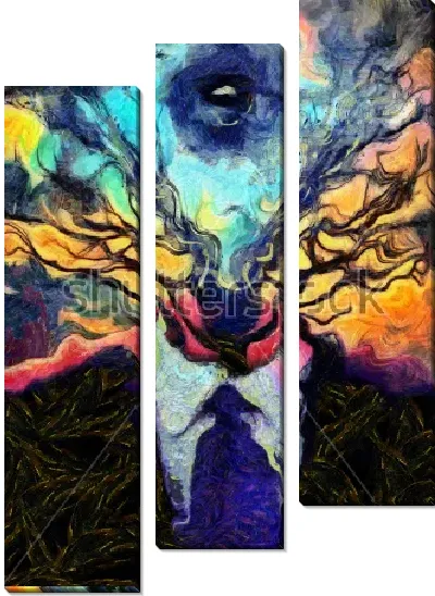 Модульная картина Сюрреалистическая картина с фигурой человека в костюме и ветвями дерева с третьим глазом вместо головы