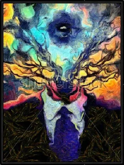 Картина Сюрреалистическая картина с фигурой человека в костюме и ветвями дерева с третьим глазом вместо головы