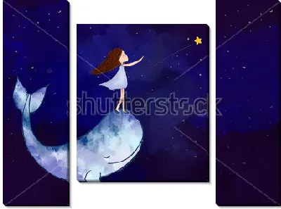 Модульная картина Девочка плывёт на ките по звёздному небу и ловит яркую звезду