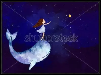 Девочка плывёт на ките по звёздному небу и ловит яркую звезду