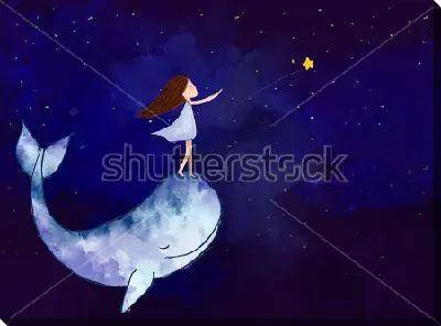 Девочка плывёт на ките по звёздному небу и ловит яркую звезду